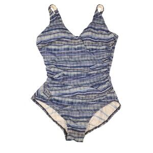 Miraclesuit X Talbots Swimsuit Womens 14 Blue Striped One Piece Tummy Control
